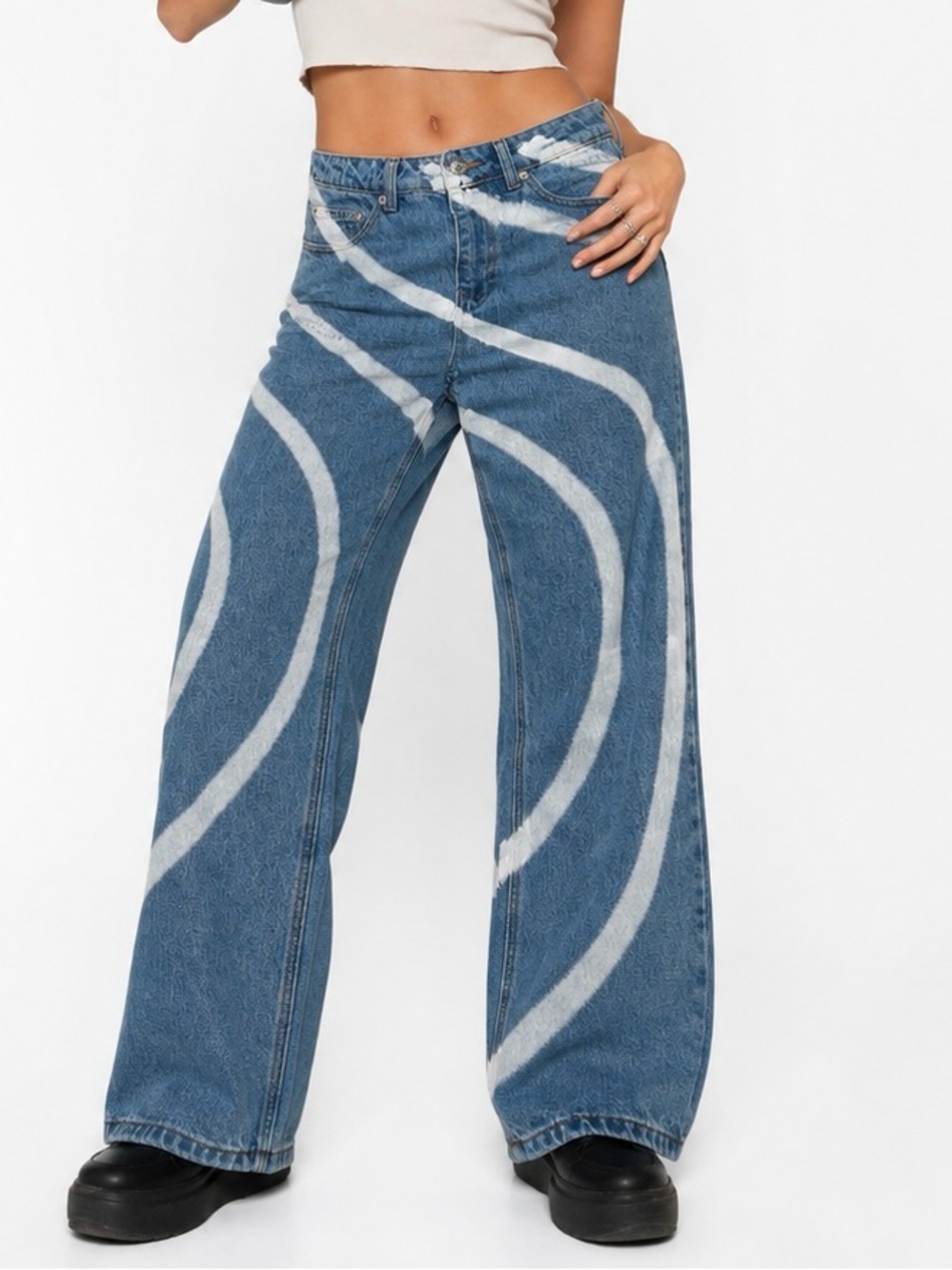 Princess Polly Y2K Swirl Print Wide Leg Jeans Blue White Size 4